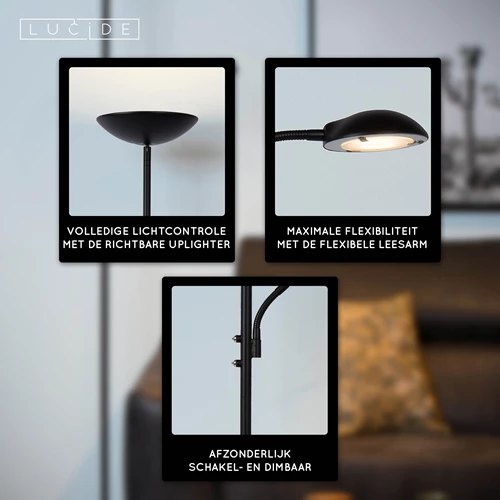 Lucide ZENITH - Leeslamp - LED Dimb. - 3000K - Zwart - USP